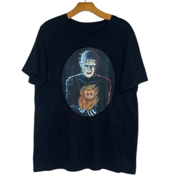 Hellraiser Pinhead Holding Cat Tee Black Dark Charcoal Gray Size Large - Picture 1 of 5